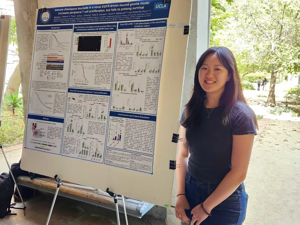 Member of the Prins Lab presenting a poster of scientific results